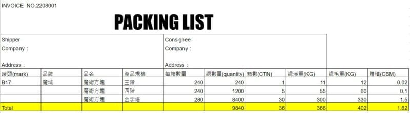 台灣進口裝箱單範例